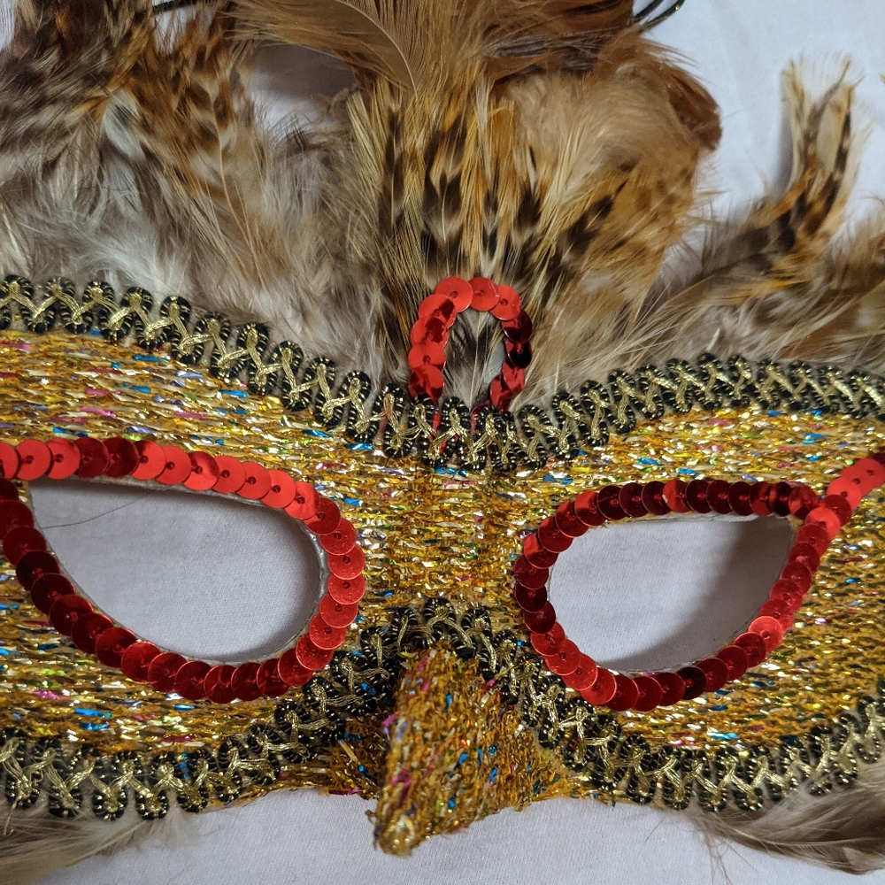 Mask feather and sequin with red trim masquerade party